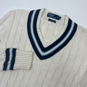 VTG Polo Ralph Lauren Varsity Iconic Cricket Sweater Sz M V-Neck Cable Knit Rare